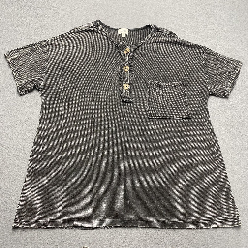 BKE Shirt Womens Large Gray‎ Waffle Knit Henley Tunic Short Sleeve Relaxed Fit